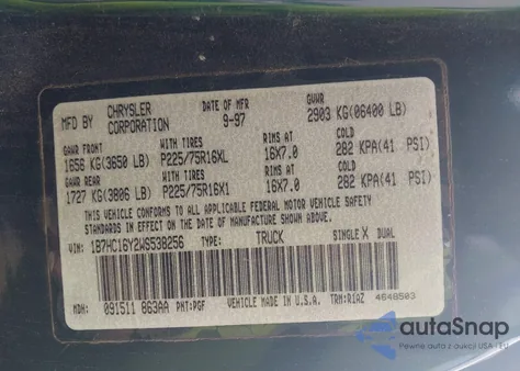 1998 Dodge Ram 1500 St из США, поврежденный, VIN 1B7HC16Y2WS538256